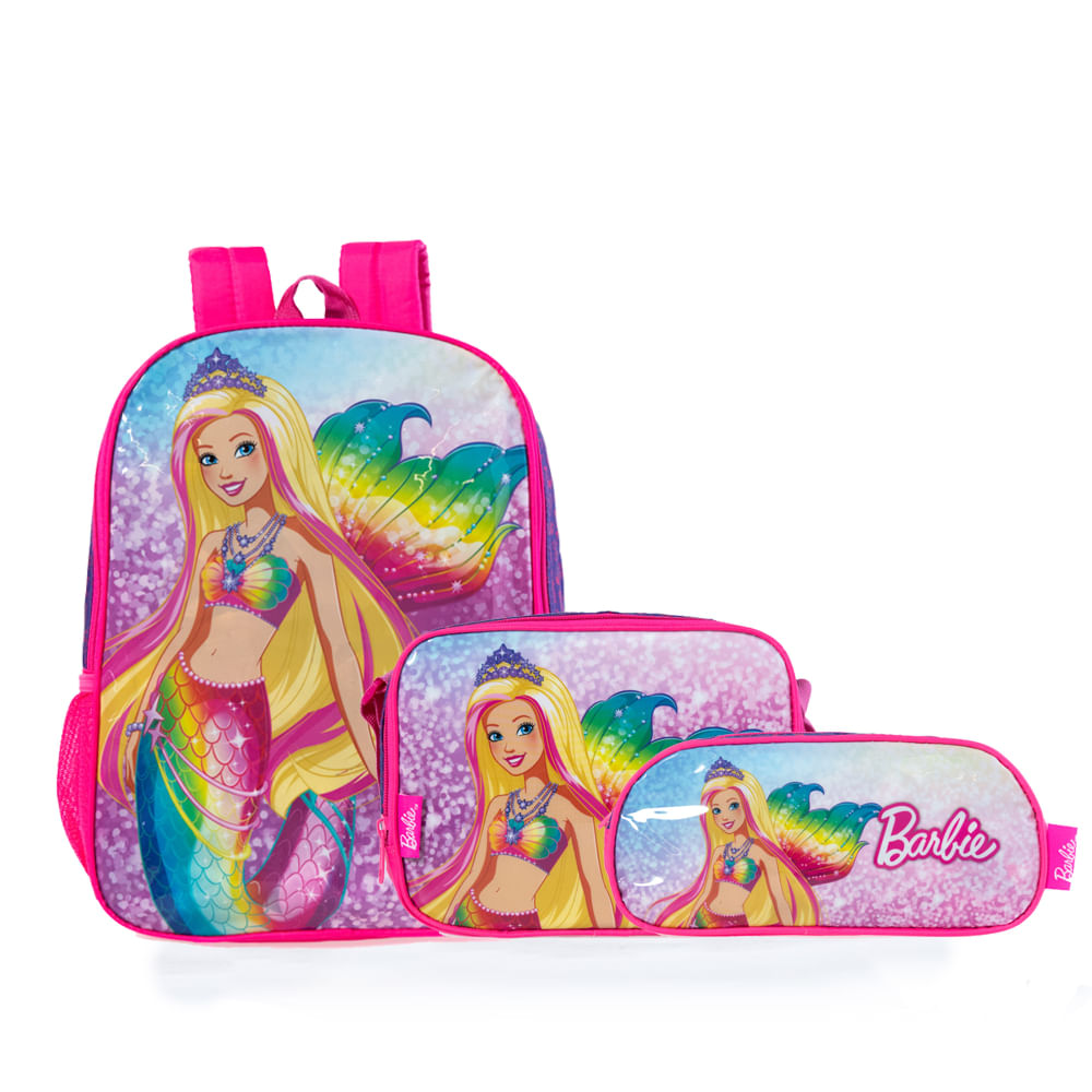 Kit Mochila Escolar Feminina Barbie com Lancheira e Estojo Rosa