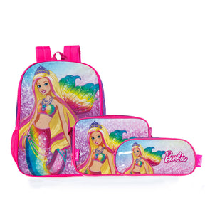 Kit Mochila Escolar Feminina Barbie com Lancheira e Estojo Rosa