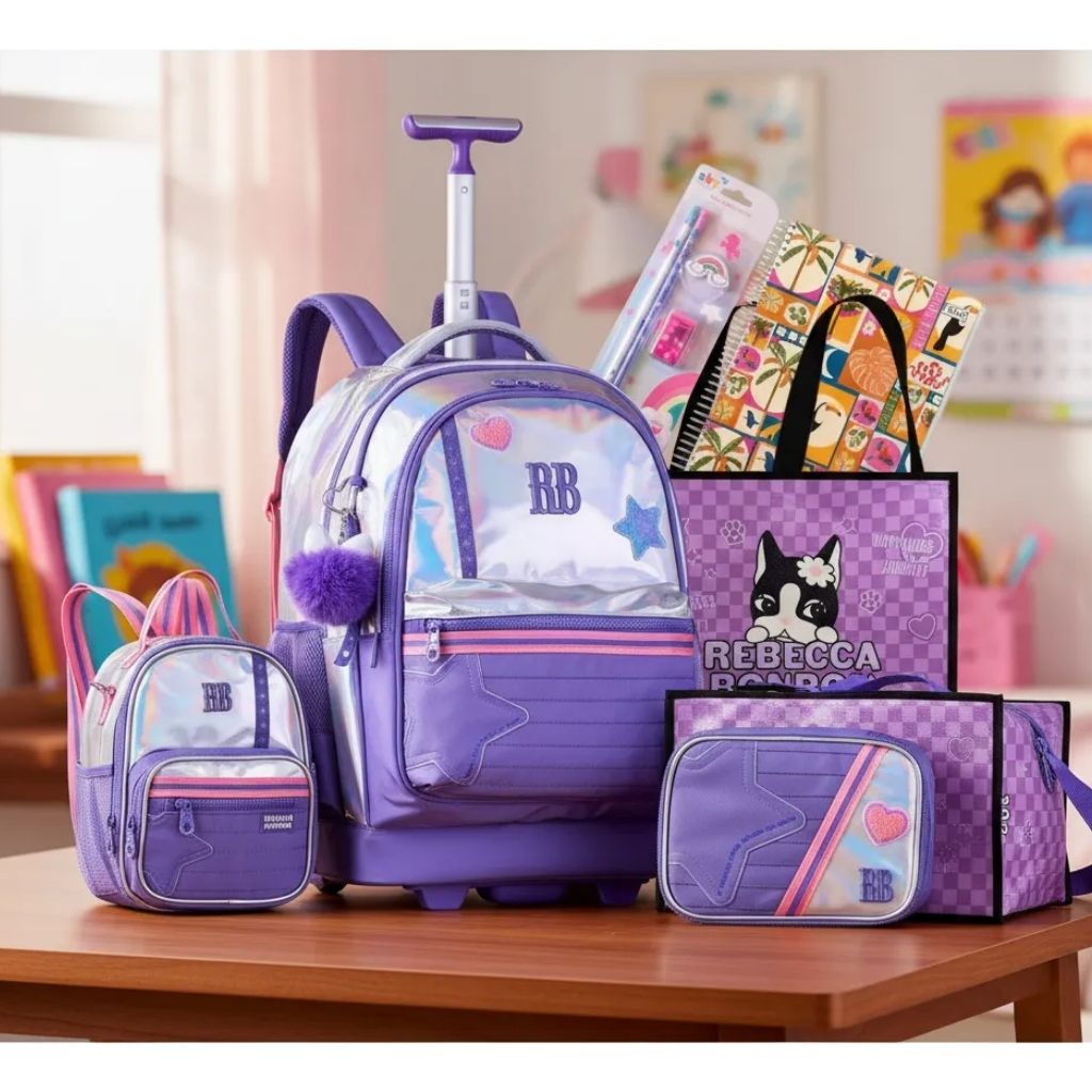 Mochila Fashion Lovers 2026 com Mochila de Rodinhas + Lancheira Térmica + Estojo