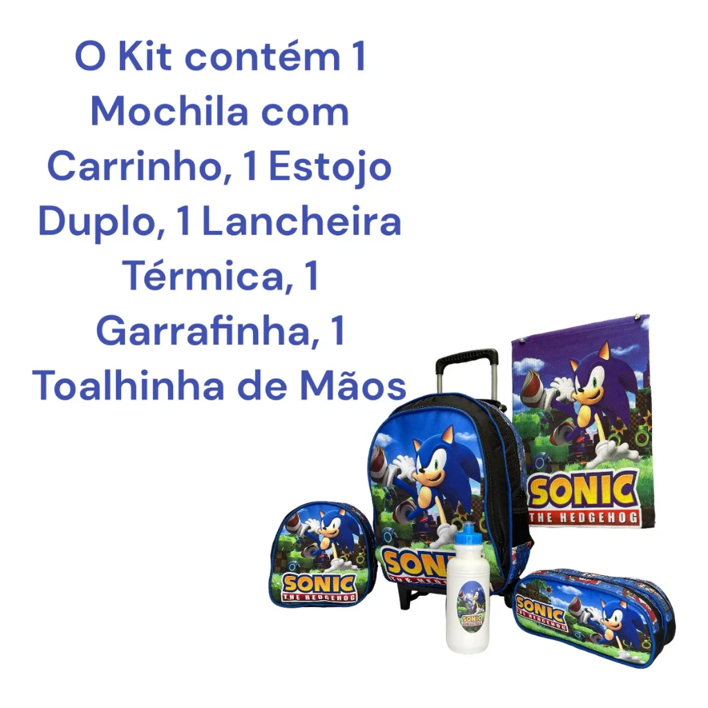 Kit Mochila Sonic com Mochila de Rodinhas + Lancheira Térmica