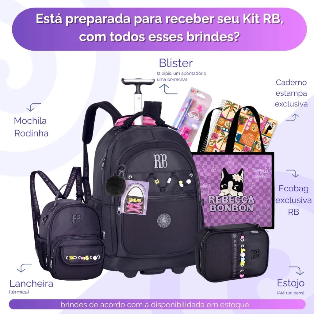Mochila Fashion Lovers 2026 com Mochila de Rodinhas + Lancheira Térmica + Estojo