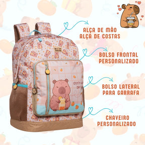 Kit Escolar Capivara com Mochila, Lancheira Térmica e Estojo