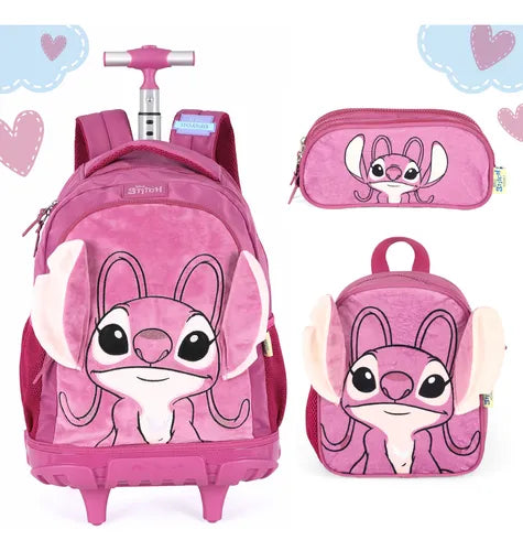 Mochila Rodinha Angel Pelúcia Grande Infantil Escolar