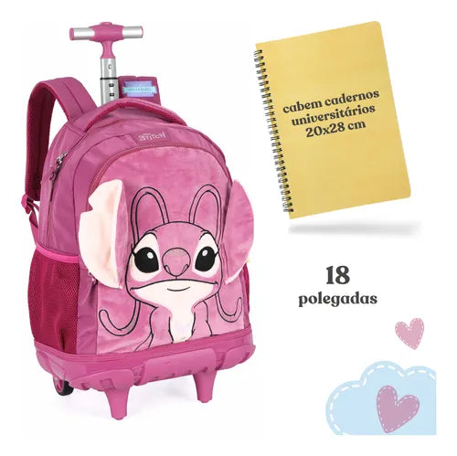 Mochila Rodinha Angel Pelúcia Grande Infantil Escolar